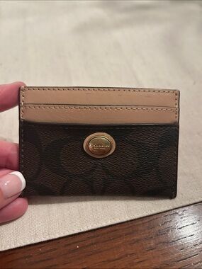 Coach Brown Signature & Tan Leather Card Holder with Gold Accent
